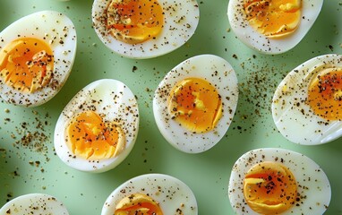 Wall Mural - Close-up of Boiled Eggs with Black Pepper on a Green Plate