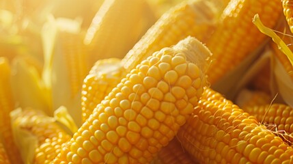 Poster - A close-up of harvested corn cobs gleaming in the golden sunlight, capturing the essence of bountiful harvest and agricultural abundance.