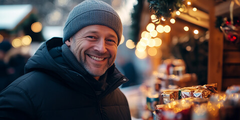 Mann steht an einem Weihnachtsstand auf einem Weihnachtsmarkt