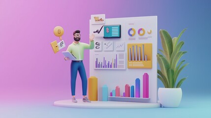 Business analytics illustrations. Man taking part in business activities. 3D illustration. Trendy style. Business success and digital marketing concept