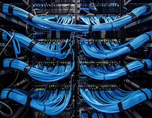 Close up of blue network cables organized in a server rack with a dark background, showcasing a technology concept and modern data architecture