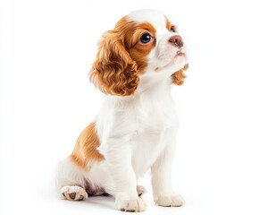 Wall Mural - Spaniel Puppy: Cute Cavalier King Charles Sitting Pet Dog on White Background