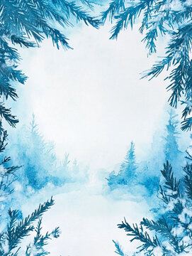 Winter forest. Winter landscape. Watercolor painting. Christmas background.