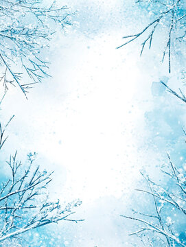 Winter background with snowy trees and snowflakes. Place for your text.