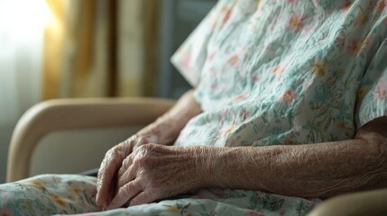 Elderly woman in a hospital gown, reflecting on chronic diseases, soft focus, neutral background