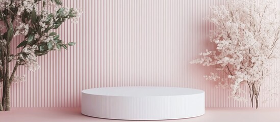 Leinwandbilder - Minimalist podium mock up for product display with abstract white geometric shapes and a pink background designed for Valentine s Day featuring 3D rendering