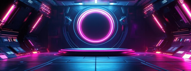 Poster - Neon podium with laser light technology set against a science fiction interior of a spaceship 3D illustration