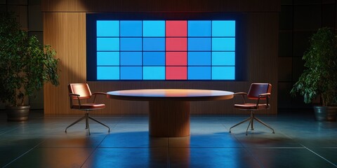 Poster - Wooden table and chairs on a stand with an LED screen backdrop in a news studio 3D rendering