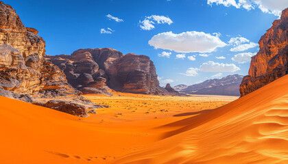 A vibrant desert landscape featuring orange sand dunes, rocky formations, and a bright blue sky with fluffy clouds.