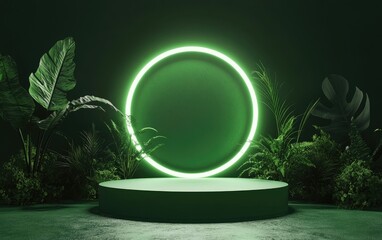 Poster - Minimalist 3D green podium with an abstract geometric shape perfect for showcasing organic and eco friendly products