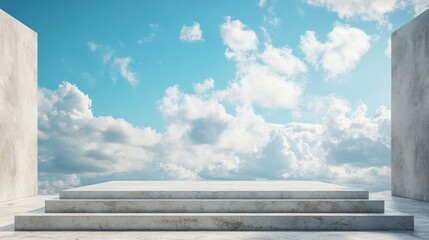 Poster - Cement pedestal for product presentation Concrete platform under a blue sky with clouds Blank illuminated backdrop for your designs Bright day setting 3D rendering