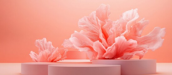 Fototapete - Pink coral formations on an abstract coral background Minimalist boxes and geometric pedestals A display featuring geometric shapes A blank showcase for presenting cosmetic products Fashion editori