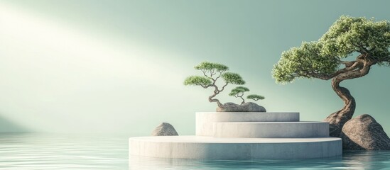 Poster - Cylindrical concrete podium for product display on rippled water featuring a sea green background Adorned with bonsai trees and rocks with shadows of leaves illuminated by morning light 3D renderi