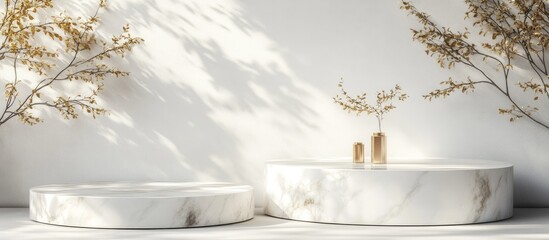 Aufkleber - Minimalist luxury white and gold marble circular pedestal with foliage on a white background Conceptual display scene for showcasing products sales banners and cosmetic presentations 3D render