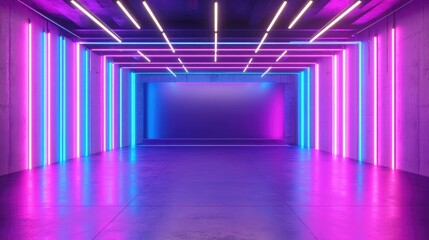 Aufkleber - Modern Empty Stage in a Reflective Room Featuring Glowing Purple and Blue Neon Tubes 3D Rendering
