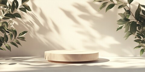 Leinwandbilder - Product presentation pedestal featuring shadowed natural leaves on a light background 3D rendering