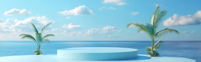 Aufkleber - Summer themed product display podium set against a blue backdrop of sea and sky 3D rendering