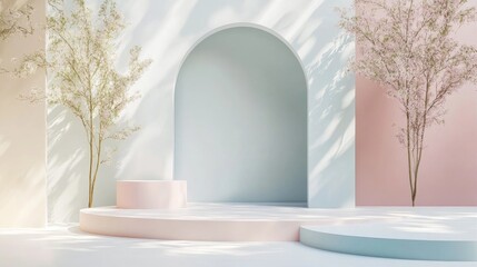 Poster - Geometric podium for minimal product display in soft pastel colors ideal for mockups and business presentations 3D rendering illustration