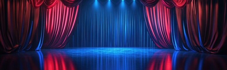 Poster - Blue 3D rendered theater design featuring curtains and a glossy stage floor with closed drapery and spotlight reflections