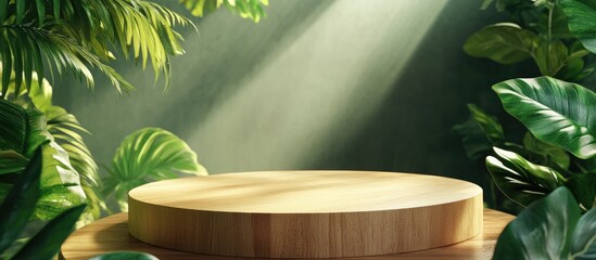 Aufkleber - Realistic 3D rendered background for product display Close up of a round empty oak table illuminated by sunlight surrounded by tropical leaves Organic beauty and natural concept Mockup podium spa s