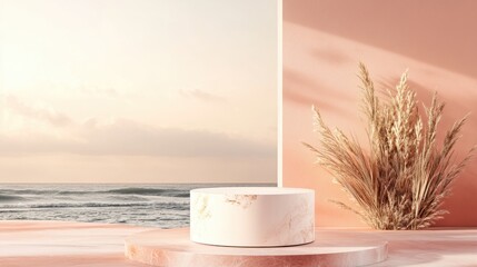 Poster - Natural beauty podium backdrop featuring a cylindrical box for showcasing cosmetic products Abstract 3D scene composition with a seascape backdrop