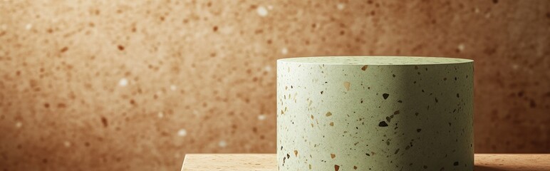 Poster - Green terrazzo cylinder podium against a textured brown wall 3D image render mockup template