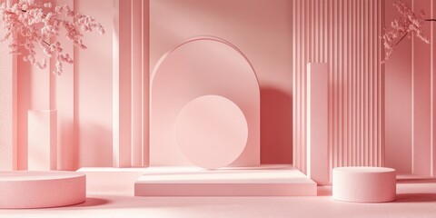 Aufkleber - Abstract geometric shapes in pastel pink hues create a minimalistic scene with decorative elements and props designed for showcasing cosmetics or product displays in a 3D render