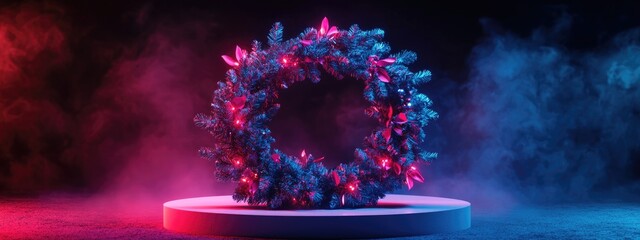 Poster - Festive display stand featuring a Christmas wreath with fir branches 3D rendering 3D illustration