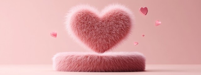 Poster - Love Heart Fluffy Fur Single Podium Product Display for Weddings and Valentine s Day 3D Render