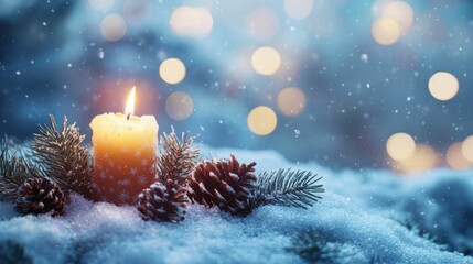 Wall Mural - christmas decoration idyll in deep snow on blurred blue background, beautiful natural christmas back