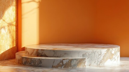 Poster - Futuristic marble podium or display stand with orange backdrop 3D rendering