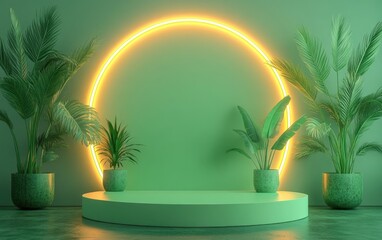 Poster - Minimalist 3D green podium with an abstract geometric shape perfect for showcasing organic and eco friendly products