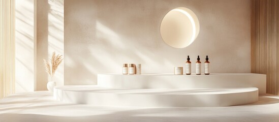 Poster - Elegant light aesthetic scene featuring a white and gold geometric wall alongside a luxurious platform for cosmetic serum display