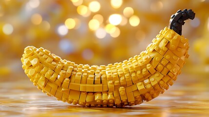 Canvas Print - A yellow banana made out of yellow building blocks with a black stem on a yellow background with bokeh lights.