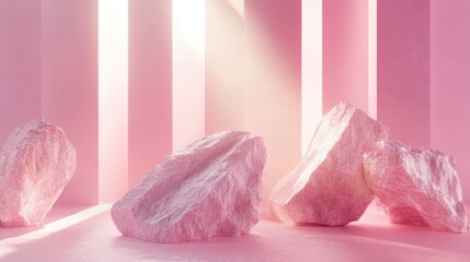 Poster - Abstract pink geometric background with stone and rock shapes minimalist mockup for display or showcase 3D rendering