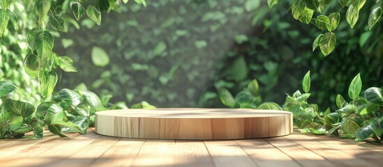Aufkleber - Wooden podium on a surface adorned with green foliage ideal for product display Eco friendly theme 3D visualization