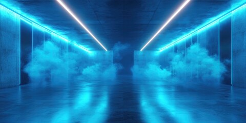 Poster - Futuristic smoke in a vibrant blue neon setting with glowing LED lasers illuminating a modern elegant empty space A reflective grunge concrete tunnel corridor creates a club room atmosphere in thi