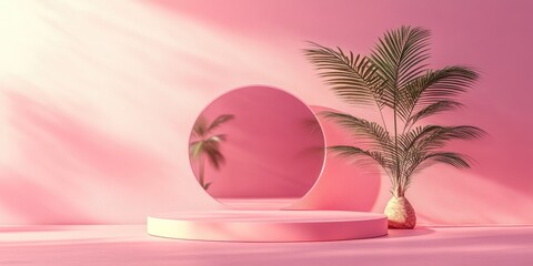 Aufkleber - Round podium and glass screen on a pink background with a small palm tree Natural display Minimalist design 3D rendering