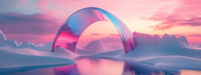 Poster - Surreal dreamlike background featuring an abstract winter landscape with dunes and a geometric arch A fantastical island scene with water and a natural cloudy sky complemented by a metallic mirror