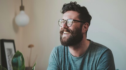 Canvas Print - Smiling man with glasses and a beard, captured in a candid moment of joy within a well-lit, warm indoor setting, radiating positivity.