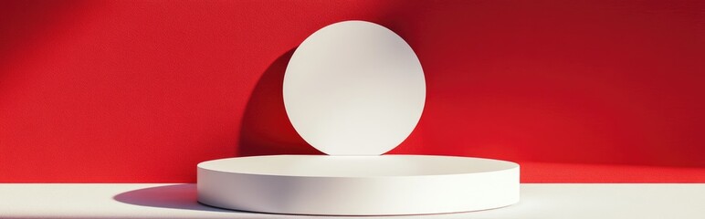 Poster - White circular podium against a red backdrop 3D visualization