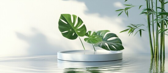 Aufkleber - Product display pedestal featuring water reflection monstera leaf and bamboo leaf against a white background 3D rendering