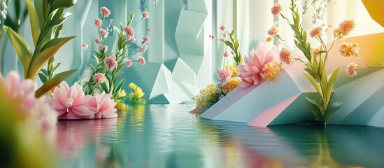 Poster - Abstract landscape scene for spring and summer featuring geometric shapes a lake and floral elements in 3D rendering