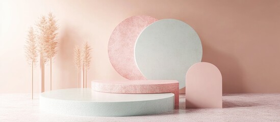 Poster - Abstract geometric shapes in pastel colors for minimalist design suitable for cosmetic or product display podium in 3D render