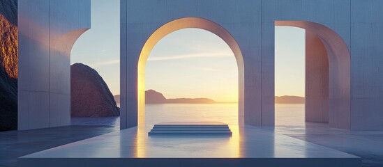 Poster - Scene featuring geometric shapes an arch with a podium illuminated by natural daylight set against a minimal landscape with a sea view 3D rendered background