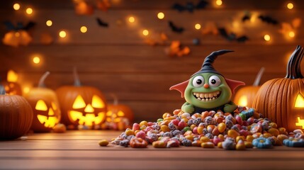 Grinning green goblin with a witch hat surrounded by Halloween candy and glowing jack-o-lanterns