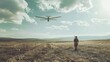 © VK Studio - A lone soldier walking in an expansive, barren landscape, with a drone flying overhead, evoking themes of surveillance, solitude, and modern warfare.
