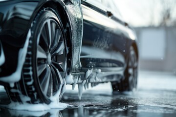 Black car side cleaning with foam soap close-up. Wet surface and soap suds on tires and car body. Parking lot or garage background blurred. Side view of vehicle shows tire and soap bubbles.