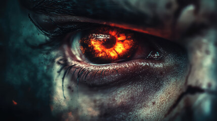 Wall Mural - A close up of a person's eye with a glowing red eye