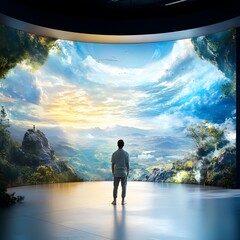 Poster - Man Looking at a Vast Landscape Through a Curved Screen.